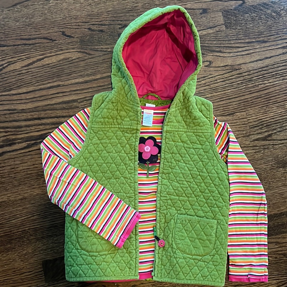 Gymboree Girls 2 Piece Striped Long Sleeve Shirt and Green Quilted Vest size 10